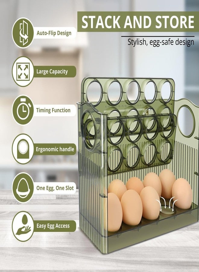 فليكسزيون منظم بيض الثلاجة القابل للطي من فليكسزيون - حامل رفيع لباب الثلاجة، سعة 30 بيضة، حاوية تخزين شفافة من 3 طبقات مع مؤشر نضارة، أخضر - Image 5